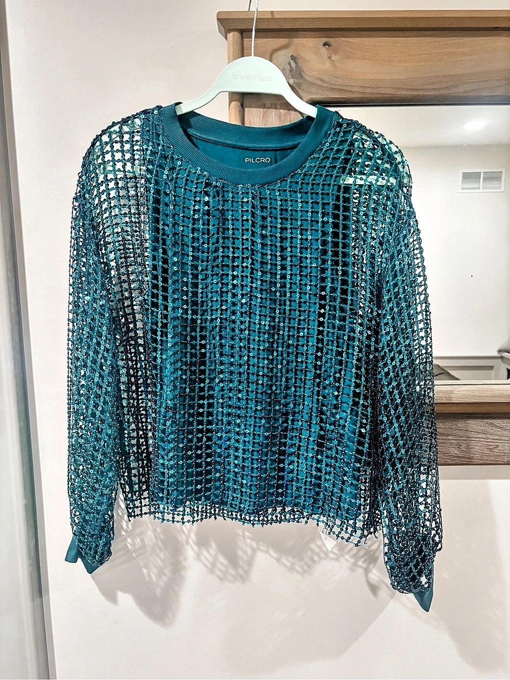 Pilcro Sequin Mesh Long Sleeve Top in Teal Small NWT